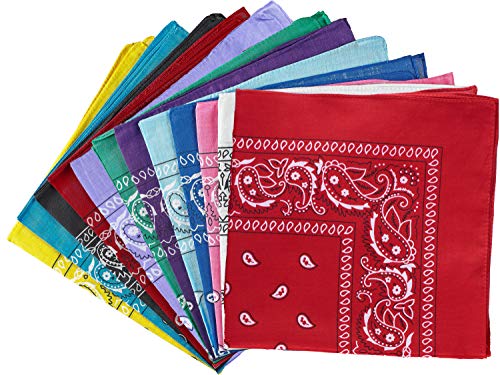 NJ Novelty - Dozen Paisley Bandanas, Multi Colored Set of Cowboy Bandanna Head Scarf, Double Sided 100% Cotton