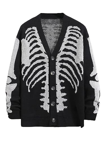 SHENHE Men's Skeleton Print Long Sleeve Cardigan Sweaters V Neck Button Down Outwear Coats Black L