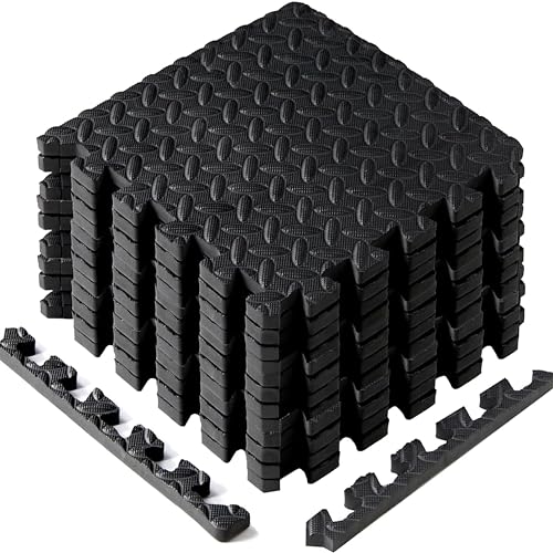 Yes4All Interlocking Exercise Foam Mats with Border – Interlocking Floor Mats for Gym Equipment – Eva Interlocking Floor Tiles ,12 Square Feet, Black (Pack Of 12)