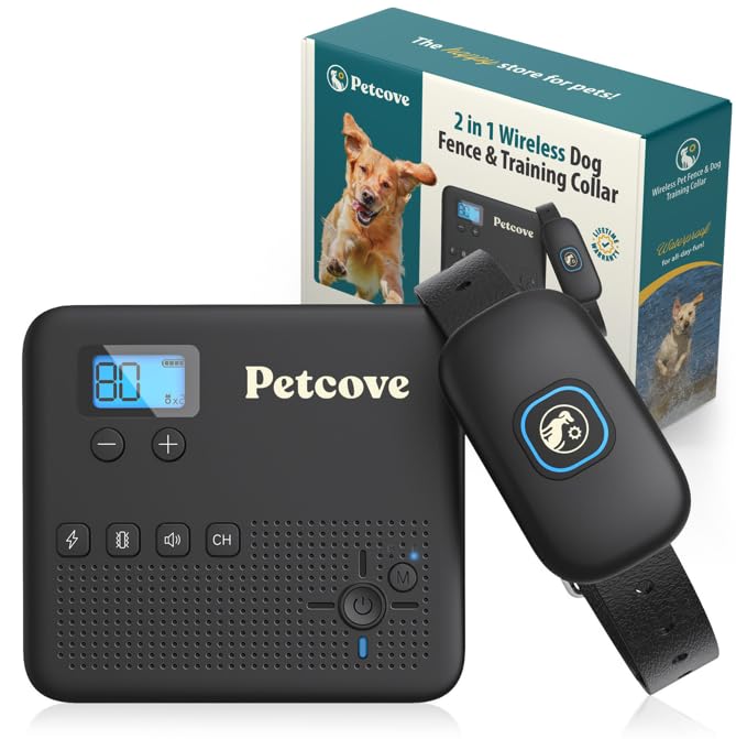 PetCove Wireless Dog Fence & Remote Training Collar, 2.4GHz Non-GPS Fence for Dogs Wireless, 2 in 1 Wireless Dog Fence System, Buzz, Noise, Vibration Collar Electric Fence for Dogs No Wire