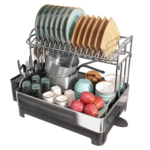 romision Dish Drying Rack, 304 Stainless Steel 2 Tier Large Dish Rack and Drainboard Set with Swivel Spout Drainage, Full Size Dish Drainer with Utensil Holder for Kitchen Counter of Big Family