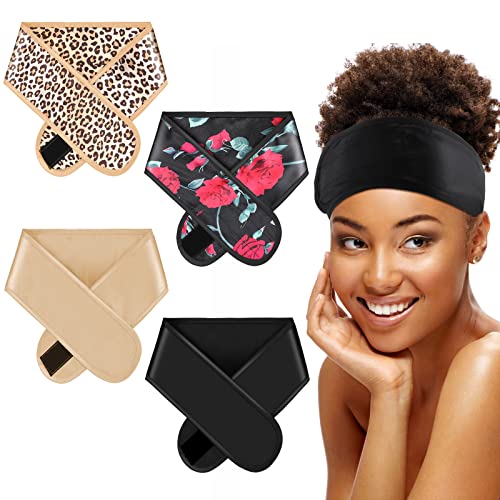 Eurzom 4 Pieces Satin Hair Wrap Scarf Satin Headband for Black Women's Hair Adjustable Silk Hair Wraps for Sleeping Nonslip Strips (Black, Champagne,Leopard Print, Flower)