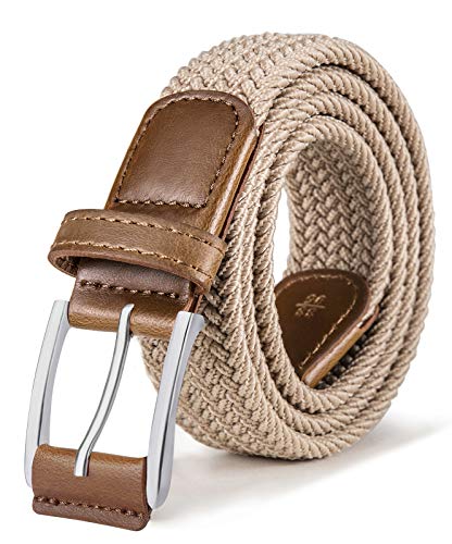 BULLIANT Stretch Belt Men, Mens Gift Woven Braided Web Belt 1 3/8 for Golf Casual Pants Shirts Jeans(Beige,30'-34' Waist Adjustable)