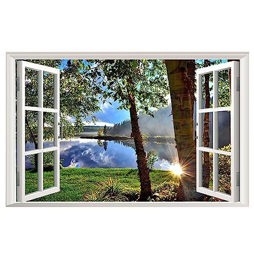 HINIHAO Beach Island Lake 3D Fake Window Scenery Wall Stickers Living Room Bedroom Corridor Decorative Painting (Lake and Sun)
