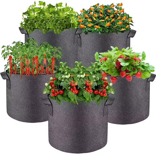 LUCDNC 5 Pcs Grow Bags 5 Gallon Plant Grow Bags Multi-Purpose Nonwoven Fabric Pots with Durable Handles,Outdoor Garden Plant Pots for Vegetables Fruits Flowers Herb Succulent Bonsai Plants