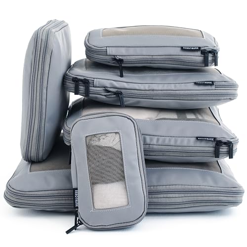 Aerotrunk Compression Packing Cubes for Suitcases - Double Zipper Compression Luggage Organizers - Washable Travel Packing Cubes (6-Pack, Grey)