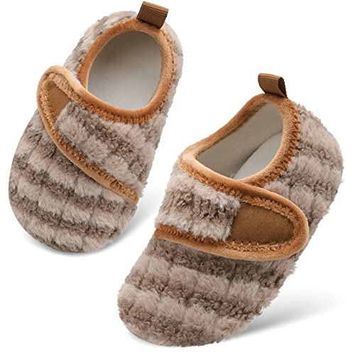 Scurtain Unisex-Child Kids Toddlers Whimsical Animal Critter Washable Slipper Strip Brown 3.5-4.5 Infant