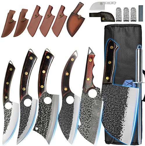 XYJ FULL TANG Camping Knives Set Chinese Butcher Knife Vegetable Chef Knives Slice Boning Knives With Leather Knife Sleeves&Roll Bag&Kitchen Tools