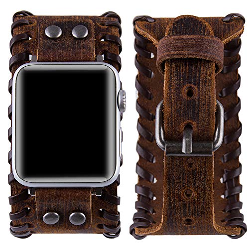 VIKOROS Compatible with Apple Watch Ultra SE Series 8 7 6 5 4 3 38mm 40mm 41mm Band for Men Women, Unisex Retro Nordic Viking Cuff Bracelet Leather Band Compatible with Iwatch Bands Brown