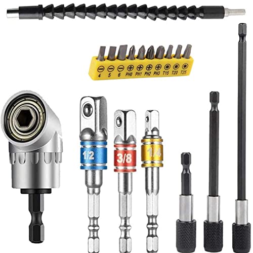 Flexible Drill Bit Extension, Includes 105° Right Angle Drill, Bendable, 3pcs 1/4 3/8 1/2' Universal Socket Adapter Set, 3pcs Drill Bit Holder, Screwdriver Bit Kit