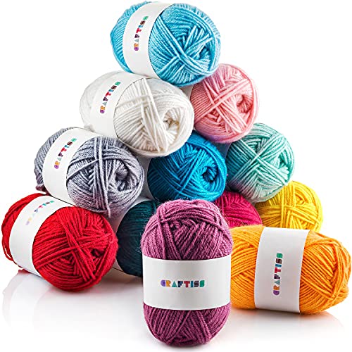 CRAFTISS 12x50g Acrylic Yarn Mini Skeins - 1300 Yards of Soft Yarn for Crocheting and Knitting Craft Project, Assorted Starter Crochet Kit Yarn Bulk for Adults and Kids