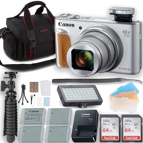 Canon PowerShot SX740 HS Digital Camera (Silver) with LED Video Light + 3 Extra Batteries + Two 64GB Memory Cards + Tripod + Case & More