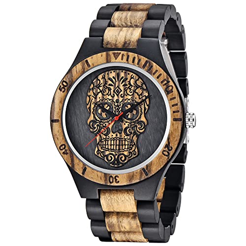 Dentily Men's Wood Watches Handmade Woooden Analog Quartz Skull Face Pattern Wooden Watch