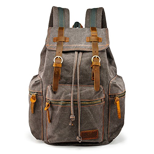 GEARONIC 21L Vintage Canvas Backpack for Men Women Leather Rucksack Knapsack 15 inch Laptop Tote Satchel College Military Army Shoulder Rucksack Hiking Bag-Gray
