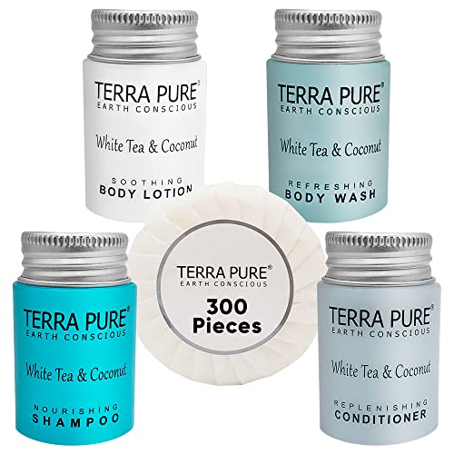 Terra Pure White Tea and Coconut Hotel Soaps and Toiletries Bulk Set | 1-Shoppe All-In-Kit | 1oz Shampoo & Conditioner, Body Wash, Lotion & 1.25oz Bar Soap | Travel Size Toiletries 300 Pieces