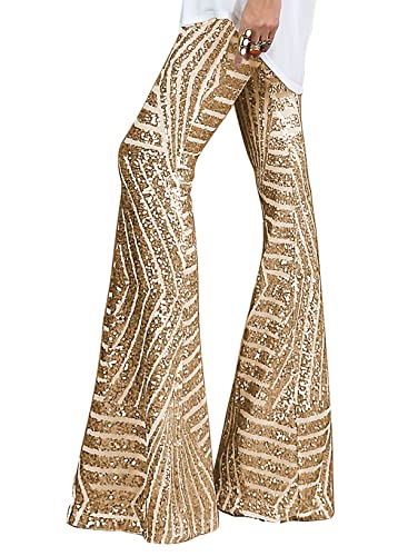 AZOKOE Women's Wide Leg Palazzo Pants 70s Bell Bottom Flare Sequin Pants Apricot XL 16 18