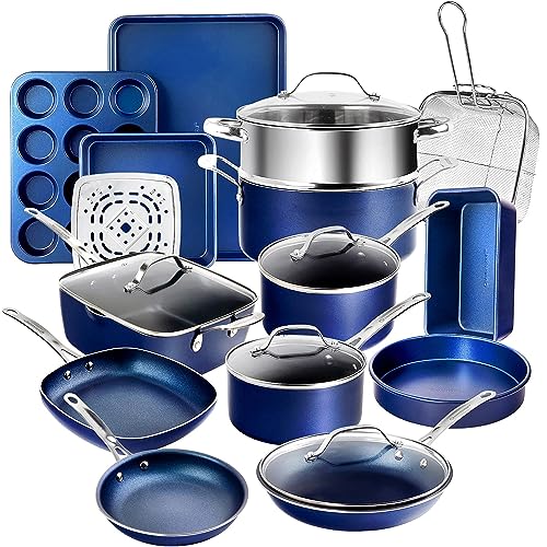 GRANITESTONE Blue 20 Piece Pots and Pans Set Nonstick Cookware Set, Complete Kitchen Cookware Set with Lids + Bakeware Reinforced with Minerals and Diamonds, Oven/Dishwasher Safe, 100% Non Toxic