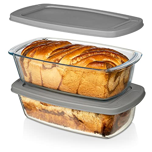 Razab LARGE 7.6 Cups/1800 ML/1.9 Qt Glass Loaf Pan with Lids (Set of 2) - Meatloaf Pan BPA free Airtight Lids Grip Handle Easy Carry, Microwave and Oven Safe - Loaf Pans For Baking Bread, Cakes