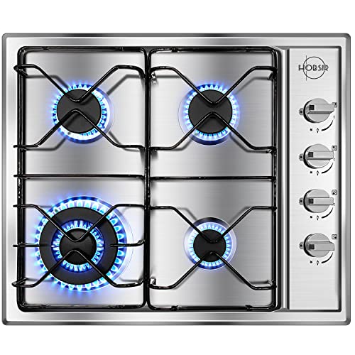 4 Burner Gas Stove Gas Cooktop 24 Inch, Stainless Steel Built-in Gas Hob for LPG/NG Dual Fuel, Natural Gas/Propane Cooktop with Flame-out Protection for Kitchen Apartmen, Easy to Clean, 110v