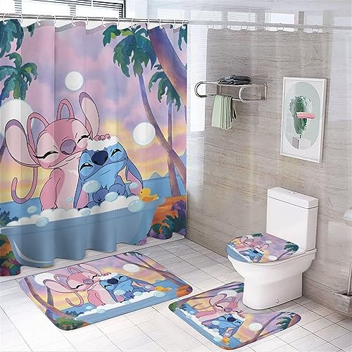 4 Piece Cartoon Shower Curtain Set with Non-Slip Rugs, Toilet Lid Cover and Bath Mat Curtain for Bathroom Set Decor 72 x 72inch