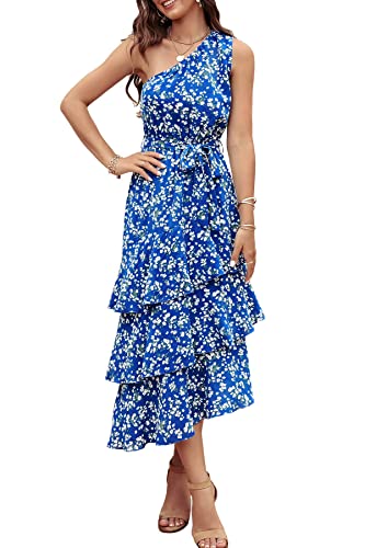 PRETTYGARDEN Women's Summer Floral Sundress Casual One Shoulder Tiered Ruffle Flowy Midi Beach Boho Dresses (Floral Royal Blue White,Medium)