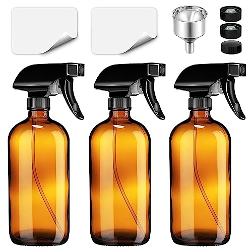 Glass Spray Bottles 16 oz, 3 Pack Trigger Empty Spray Bottles Refillable with Labels, Funnel, Bottle cap for Cleaning Solutions, Essential Oils, Plants (Amber 3pack)