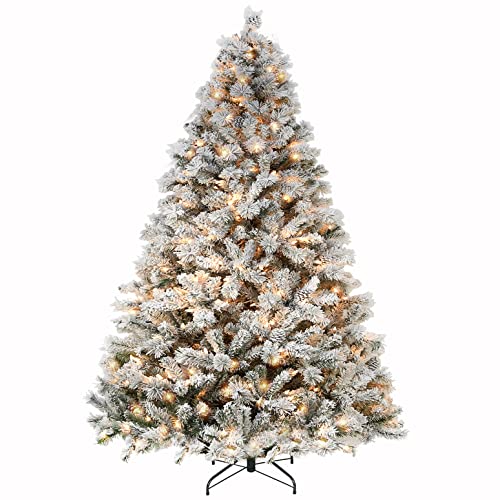 Hykolity 7.5 ft Snow Flocked Christmas Tree, Artificial Christmas Tree with Pine Cones, 500 Warm White Lights, 1400 Tips, Metal Stand and Hinged Branches