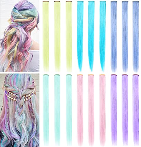 JCHDWSGUO 18 PCS Colored Hair Extensions 21Inch Heat-resistant Synthetic Straight Hair Extensions Clip in, Hair Accessories for Girls Holiday Party Hair Highlights Women Wig Pieces (Multi-colored)