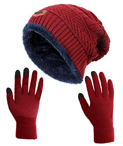HINDAWI Winter Slouchy Beanie Gloves for Women Knit Warm Hats Skull Caps Touch Screen Mittens Burgundy