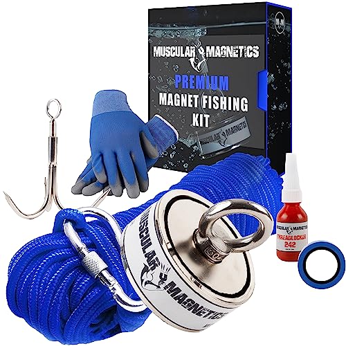 1225lb Double Sided Fishing Magnet Bundle Pack - Includes 6mm 100ft High Strength Nylon Rope with Carabiner, Non-Slip Nylon Gloves, Threadlocker, Grappling Hook & Tape (Complete Kit)