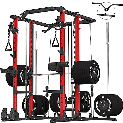 ER KANG Smith Machine, 2000LBS Strength Training Power Cage with Smith Bar and LAT Pull Down System, Multi-Function Linear Bearing Cable Crossover Machine for Home Gym, 2×3”, Red