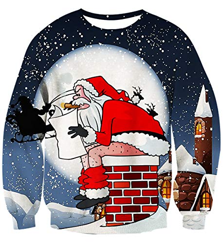 Idgreatim Women Men Funny Christmas Sweatshirt Cute Santa Claus Sit Chimney Printed Ugly Xmas Sweater Tops for Grandson Grandaughter S