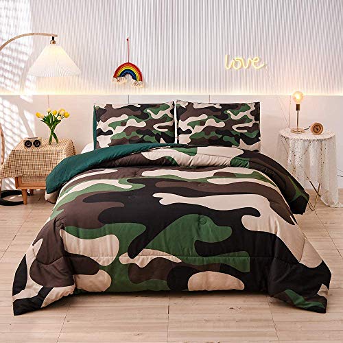 Meeting Story Camouflage Bedding Set, Green Camouflage Comforter Set, 3 PCS One Comforter and Two Pillowases, All Season Soft Bedspread for Kids Teens Adults (Green, Twin)