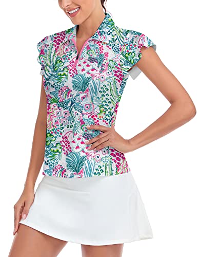 Ladies Golf Shirts Printed Petal Sleeve Polo Shirts Womens Golf Apparel