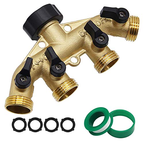 Twinkle Star 4 Way Heavy Duty Brass Garden Hose Splitter, Hose Connector 3/4', Hose Spigot Adapter with 4 Valves, Hose Bib Splitter, Outdoor Faucet Splitter, Water Spigot