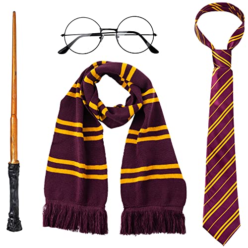 Spooktacular Creations Wizard Costume Accessories Set with Glasses, Tie, Wand and Scarf for Kids Adults Girls Boys Halloween Dress-up Party Cosplay Accessories Wizard Costume Props