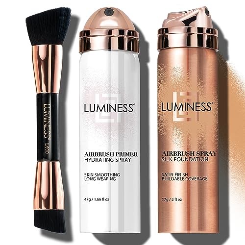 LUMINESS Airbrush Spray Silk Foundation Starter Kit - Medium Dark - Foundation, Primer & Dual-Sided Angled Buffing Brush - Medium, Buildable Coverage, Anti-Aging Formula Hydrates & Moisturizes