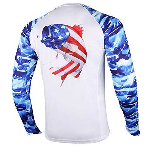 Palmyth Fishing Shirt for Men Long Sleeve Sun Protection UV UPF 50+ T-Shirts with Pocket (Largemouth bass/Flag, X-Large)