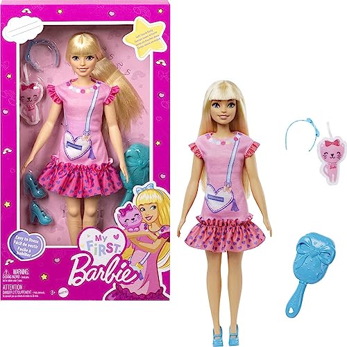 Barbie My First Barbie Preschool Doll, 'Malibu' with 13.5-inch Soft Posable Body & Blonde Hair-Plush Kitten & Accessories