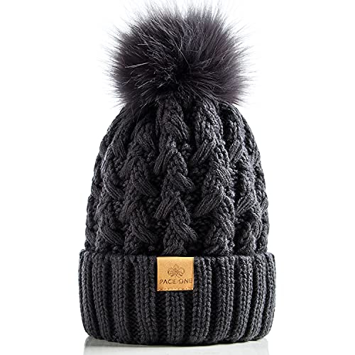 PAGE ONE Womens Winter Ribbed Beanie Crossed Cap Chunky Cable Knit Pompom Soft Warm Hat Dark Gray