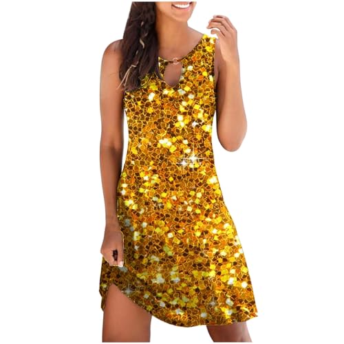 Glitter Sequin Mini Dress for Womens, Cold Shoulder Sleeve Front Keyhole Sundress for Women Fashion Flutter Tee Dresses Gold
