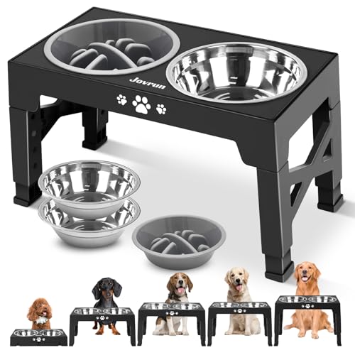 Jovrun Elevated Dog Bowls, Dog Feeder with 2 Stainless Steel Bowls &1 Slow Feeder Dog Bowls, 5 Heights Adjustable Raised Dog Bowls Stand for Small Medium Large Dogs, Dog Food Bowls with Non-Slip Feet