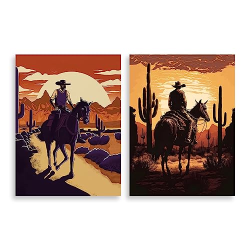 QridRir Rustic West Cowboy Canvas Art,Desert landscape Poster,Cowboy Facing Sunset On a horse Wall Art, for Men's Bedroom Office Decoration Artwork,Unframed 12x16inches Set of 2