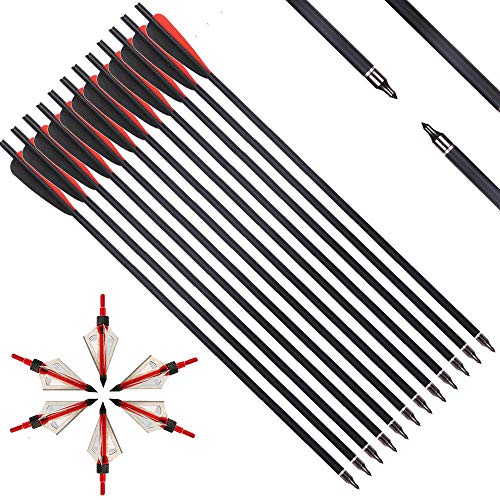 IRQ 20 Inch Crossbow Bolts and Crossbow Broadheads Set, Carbon Crossbow Arrows for Hunting and Outdoor Practice, 12 Red Arrows, 6 Broadheads(18 Pack)(Black and red)