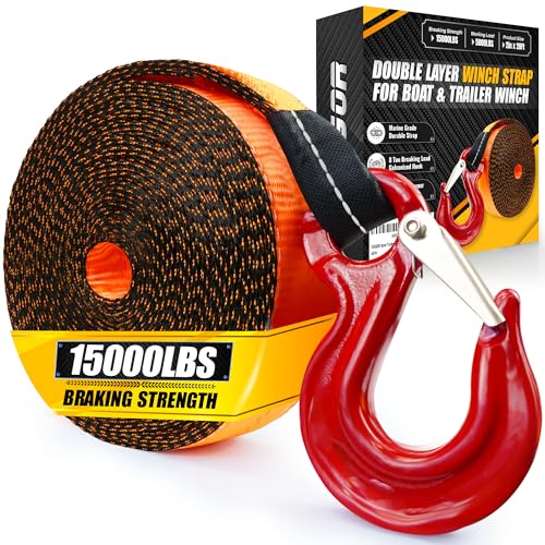 [PREMIUM] Boat Trailer Winch Strap With Supper Steel Hook, 15000 LBS Break Strength, Two Layers Winch Strap, Winch Pulley Strap For Boat Trailer Replacement, Towing Vehicles & Boat Accessories 2'x20'