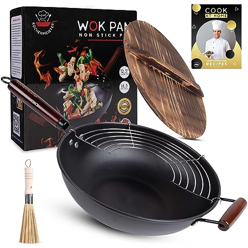 Küchenmeister 12.5-Inch Carbon Steel Wok Pan with Lid – 4 Pieces Woks & Stir-Fry Pans Nonstick, Flat Bottom, Recipes eBook - Ideal for All Stoves Induction, Electric, Gas, Halogen