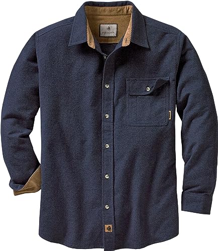 Legendary Whitetails Men's Buck Camp Flannel Shirt, Long Sleeve Heather Button Down for Men Casual Shirt with Corduroy Cuffs Fall & Winter Clothing, Navy Heather, Large