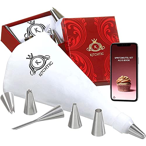 Piping Bag Set - Large Reusable Cotton Piping Bags and Nozzles - Dishwasher-safe - Includes Gift Box, 6 Stainless Steel Nozzles, Adapter, Cleaning Brush & E-Book with Cake Decoration Tips by Kitchtic