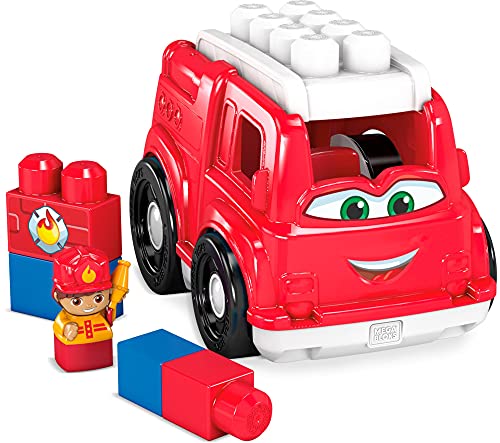 Mega BLOKS Fisher-Price Toddler Building Blocks, Freddy Fire Truck with 6 Pieces and Storage, 1 Figure, Red, Toy Car Gift Ideas for Kids