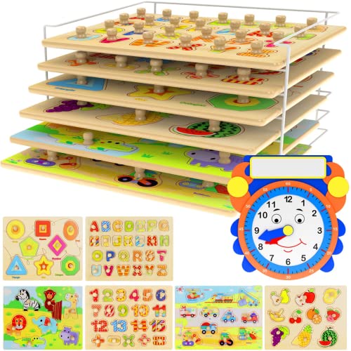 Premium Puzzles for Toddlers and Rack Set - (7 Pack) Includes 1 Learning Clock - 6 Alphabet, Numbers, Shapes, Animals, Cars, Fruits Puzzles